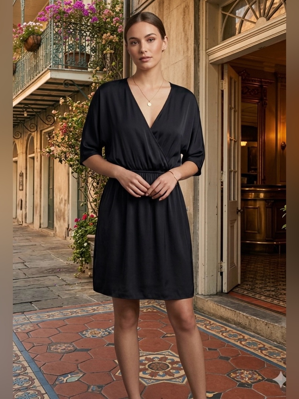 Kardashian Kollection Black Satin Wrap Dress Size XS Short Sleeve